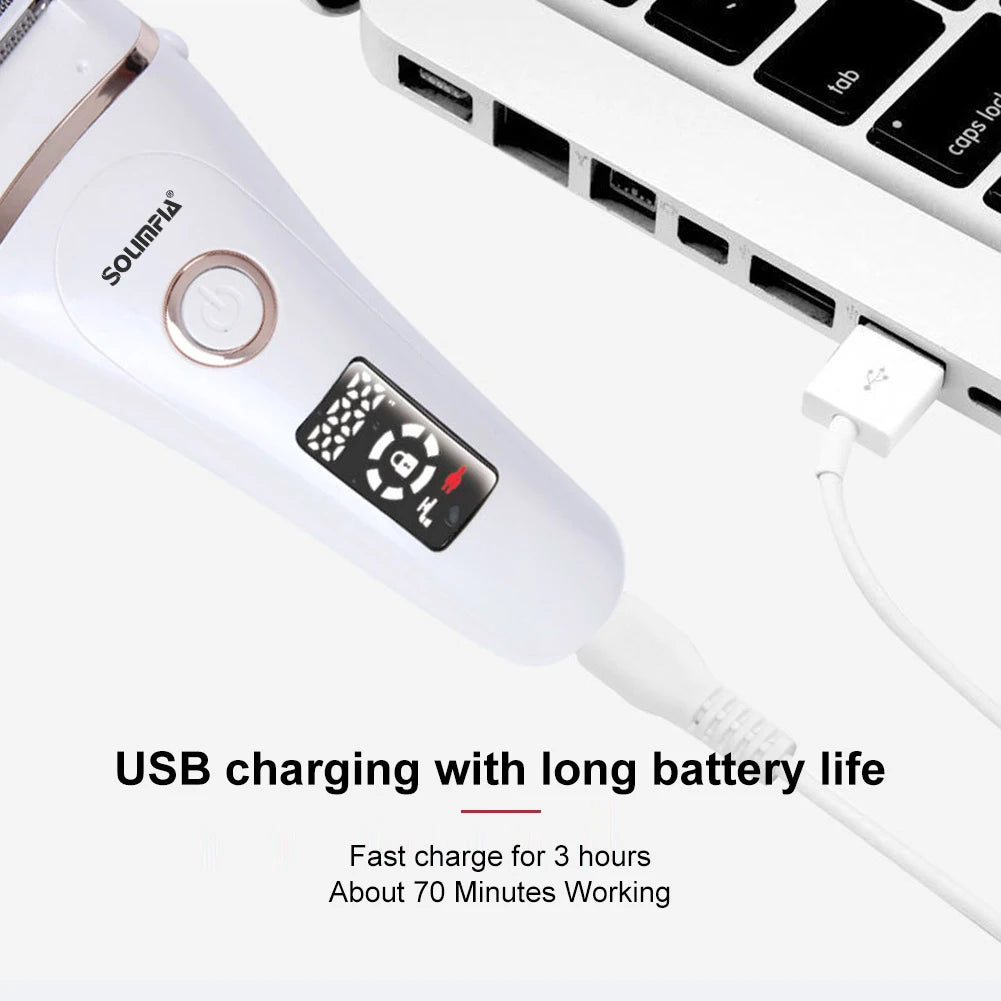 Women's Electric Epilator Waterproof Home Shaver with LCD Display Rechargeable for Smooth Skin Quick-Dry Body Hair Removal