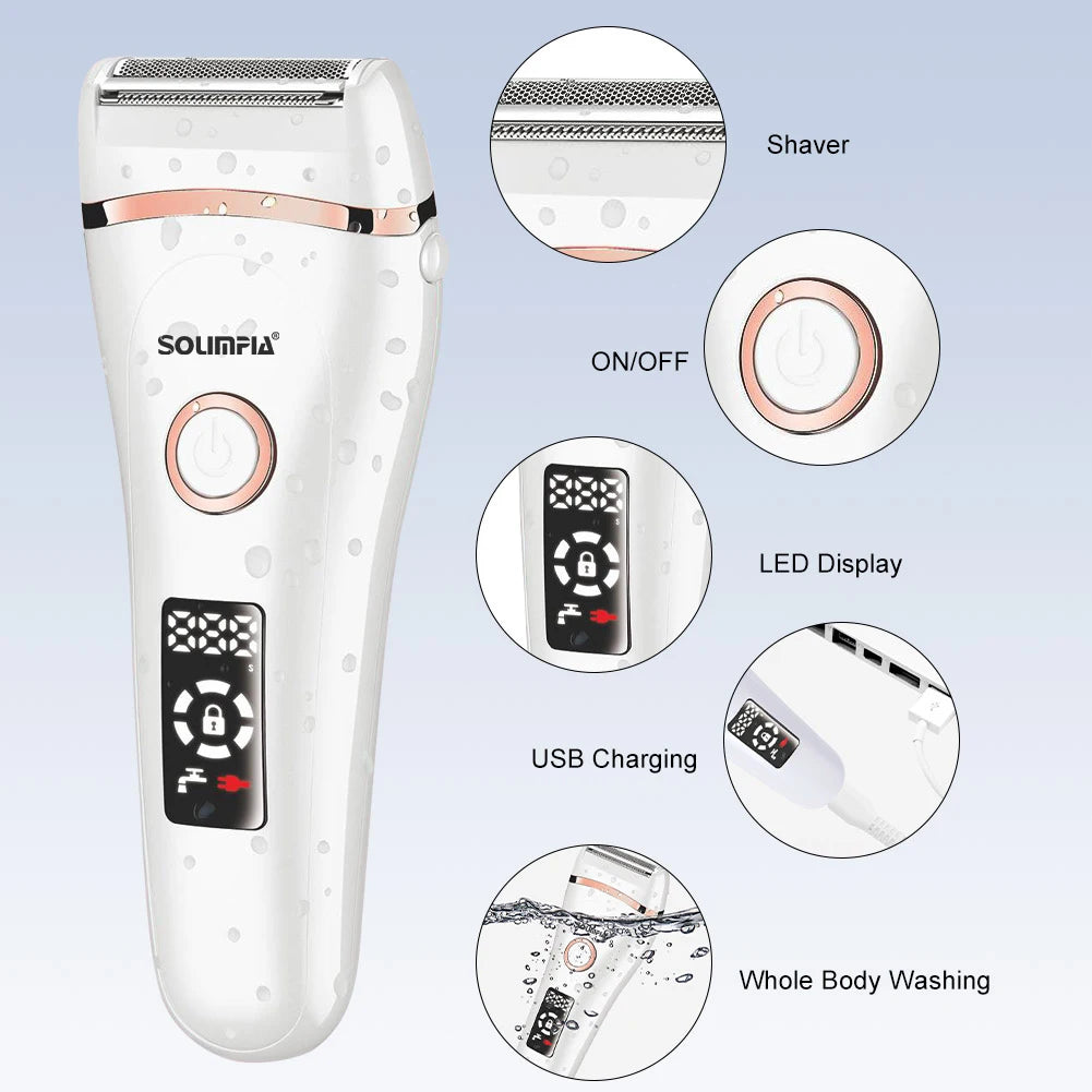 Women's Electric Epilator Waterproof Home Shaver with LCD Display Rechargeable for Smooth Skin Quick-Dry Body Hair Removal